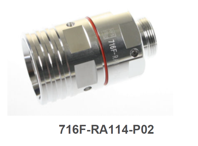 Metal adapter, cylindrical, with threaded ends and red sealing ring.