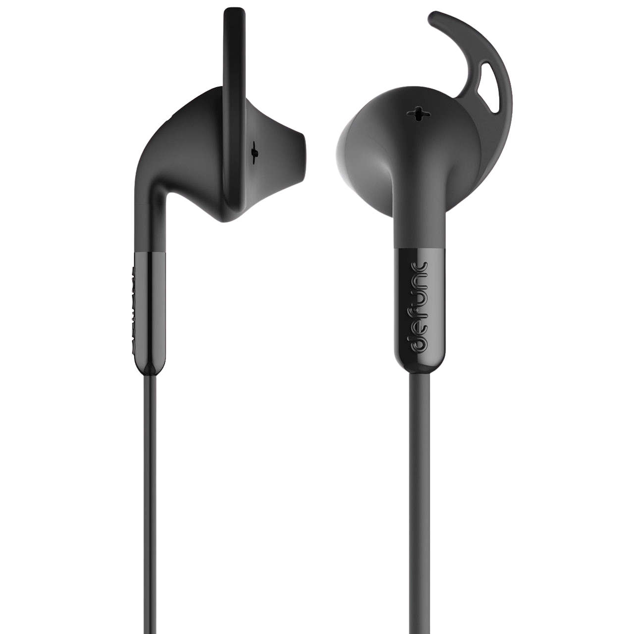 Twee zwarte in-ear hoofdtelefoons met kabelverbinding.