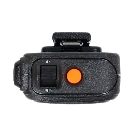 Electronic device with switch and orange button on black casing.