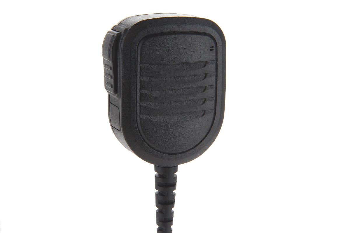 Zwart handmicrofoon met geribbelde knoppen aan een snoer.