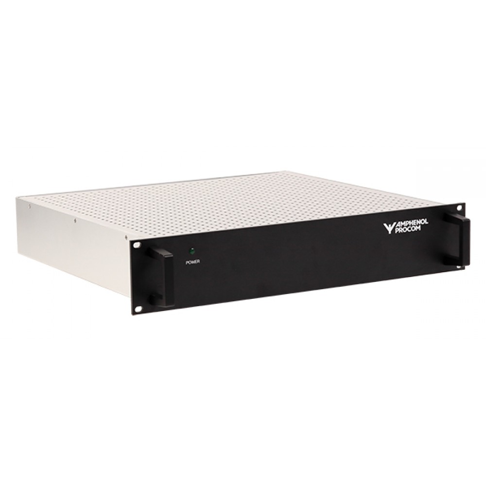 Zwart 2U rackmount-apparaat met ventilatiegaten, Amphenol Procom-logo.