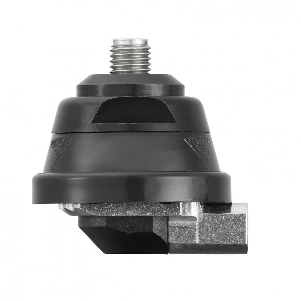 Zwart machineonderdeel met schroefdraadbout bovenop.
