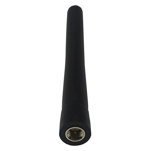 Zwarte rubberen antenne met schroefverbinding aan de onderkant.
