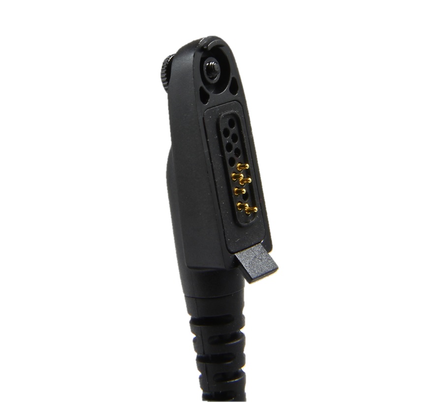 Black electronic connector with gold pins.