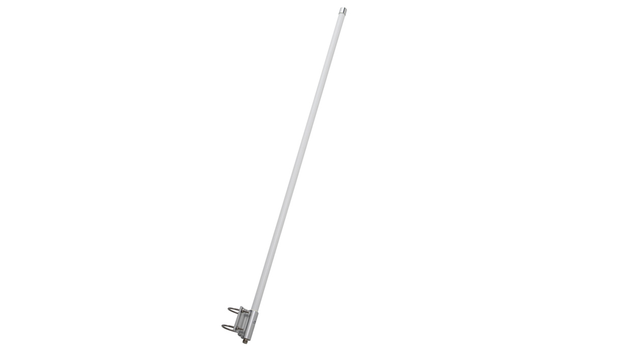 Verticale witte antenne met metalen bevestiging onderaan.