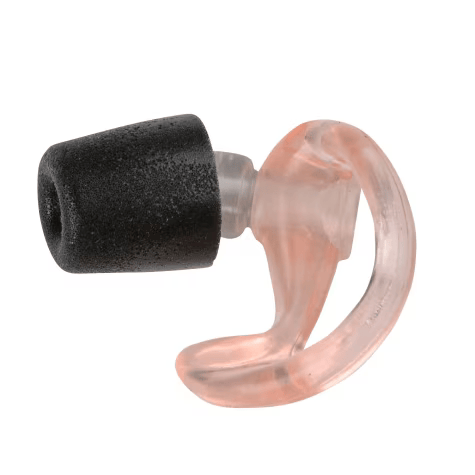 Bouchon d'oreille en mousse noir avec support transparent.