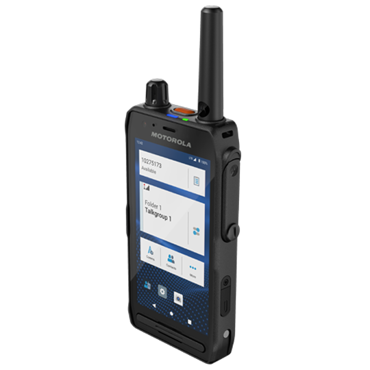 Radio device with touchscreen, antenna, and multiple buttons.