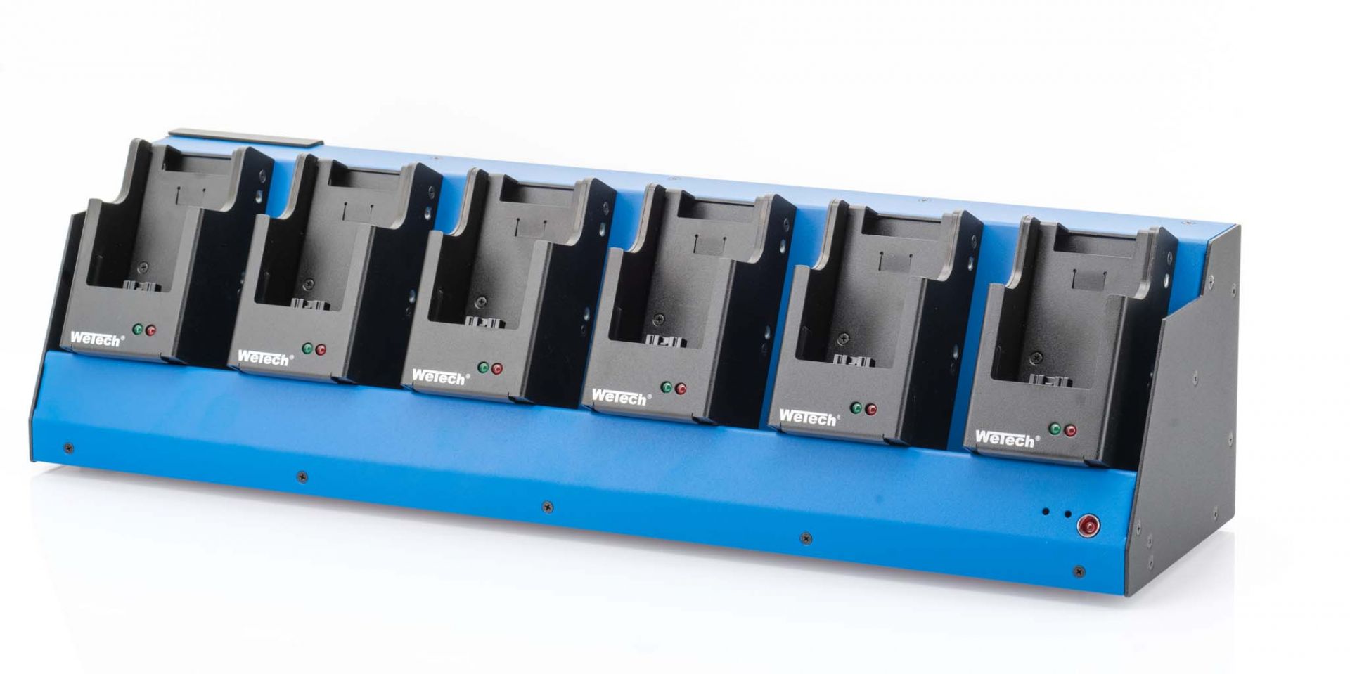Oplader voor zes radio's, blauwe basis, zwarte houders.