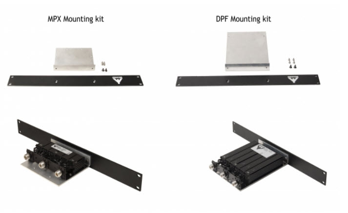 Two mounting kits, MPX on the left, DPF on the right, with plate, bracket, and screws.