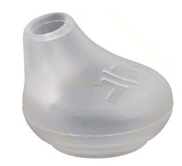 Transparent rubber stopper with slanted top and embossed marking.