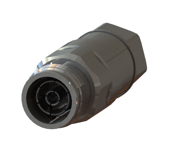 Metal connector with screw thread and hexagonal profile.