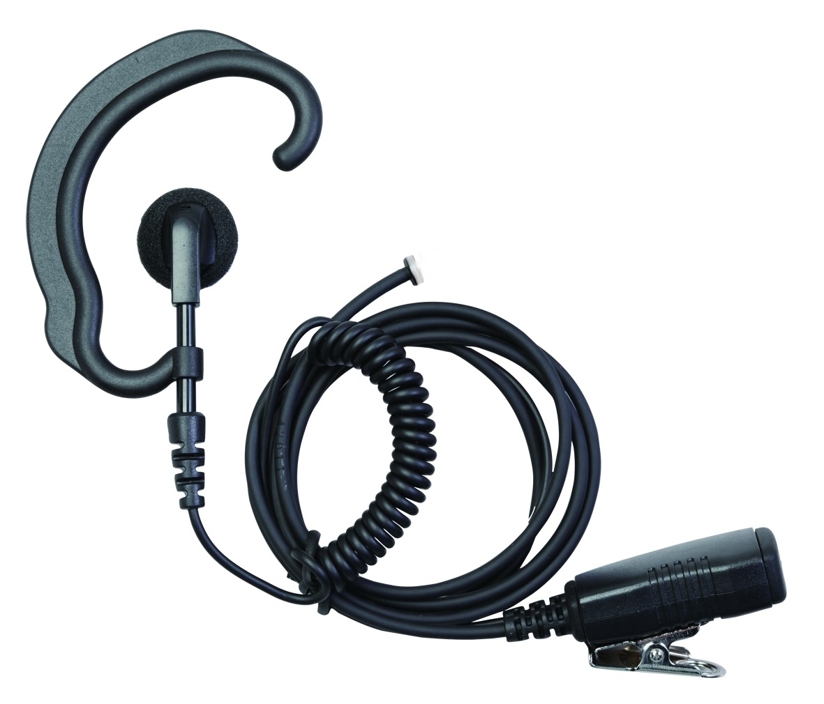 Black earpiece headset with coiled cable and metal clip.
