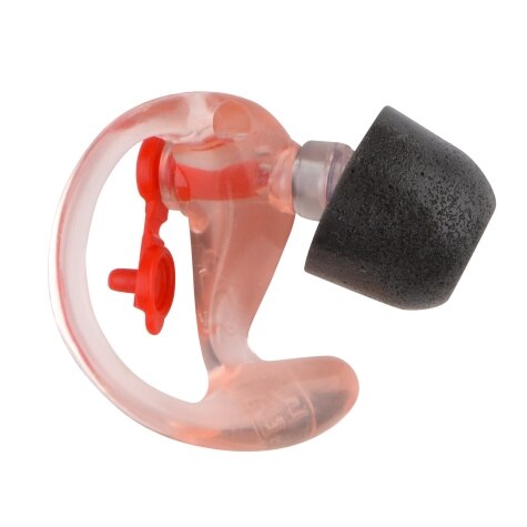Transparante in-ear gehoorbescherming met zwart schuimrubberen tip en rode knop.