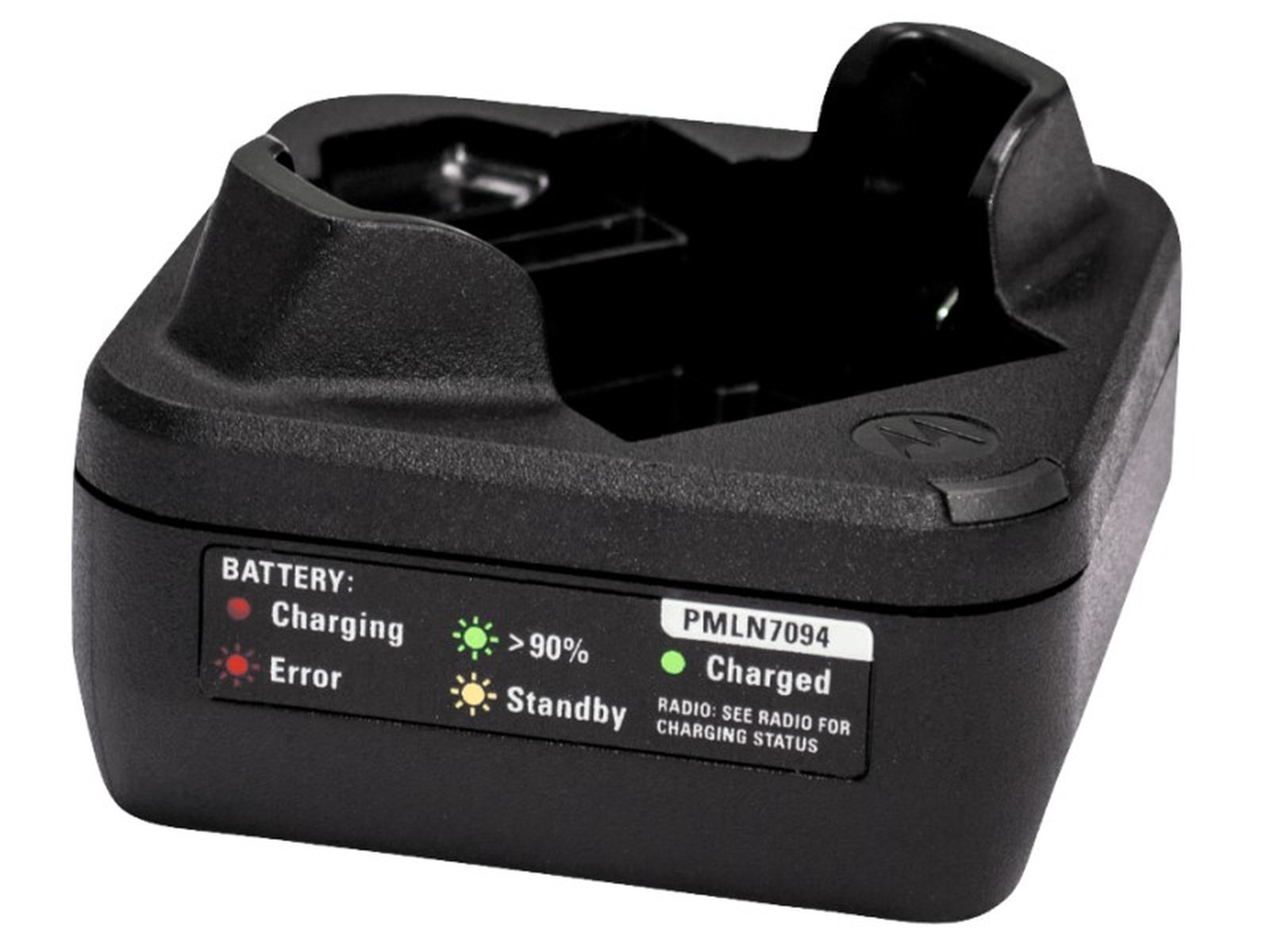 Zwarte lader met LED-indicatoren voor opladen, standby, volledig opgeladen en fout.