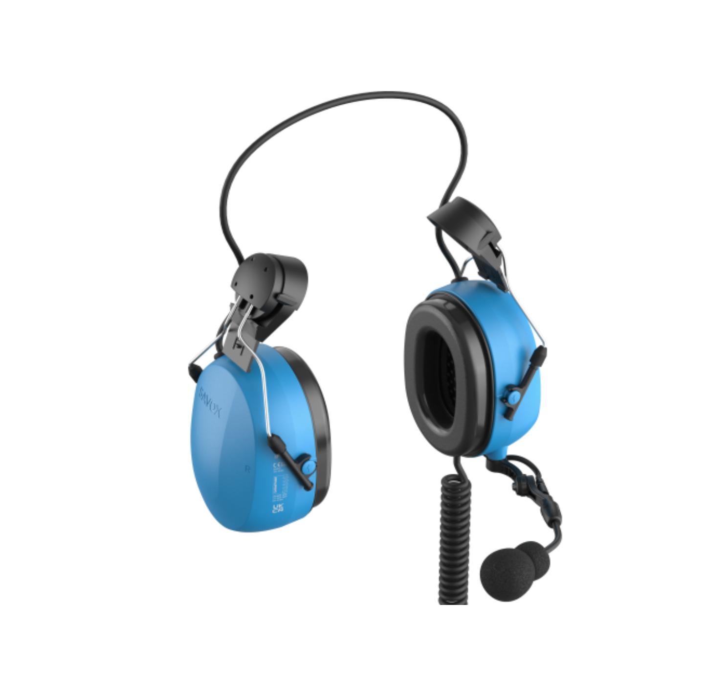 Blauwe koptelefoon met ingebouwde microfoon.