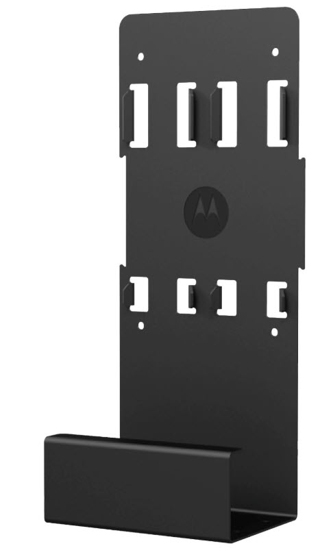 Support mural noir avec cinq crochets et étagère encastrée.