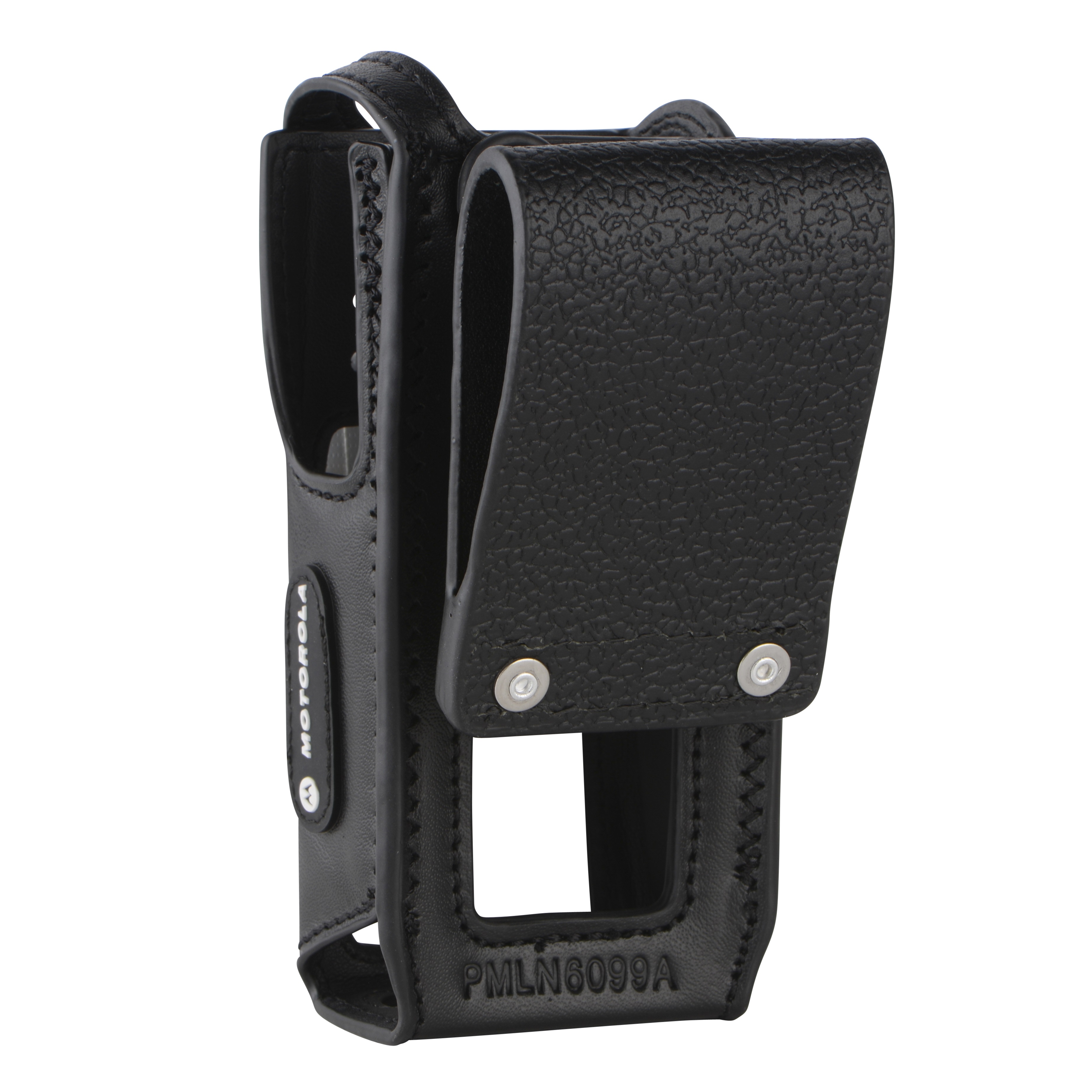 Zwart leren holster voor radio met riemclip.