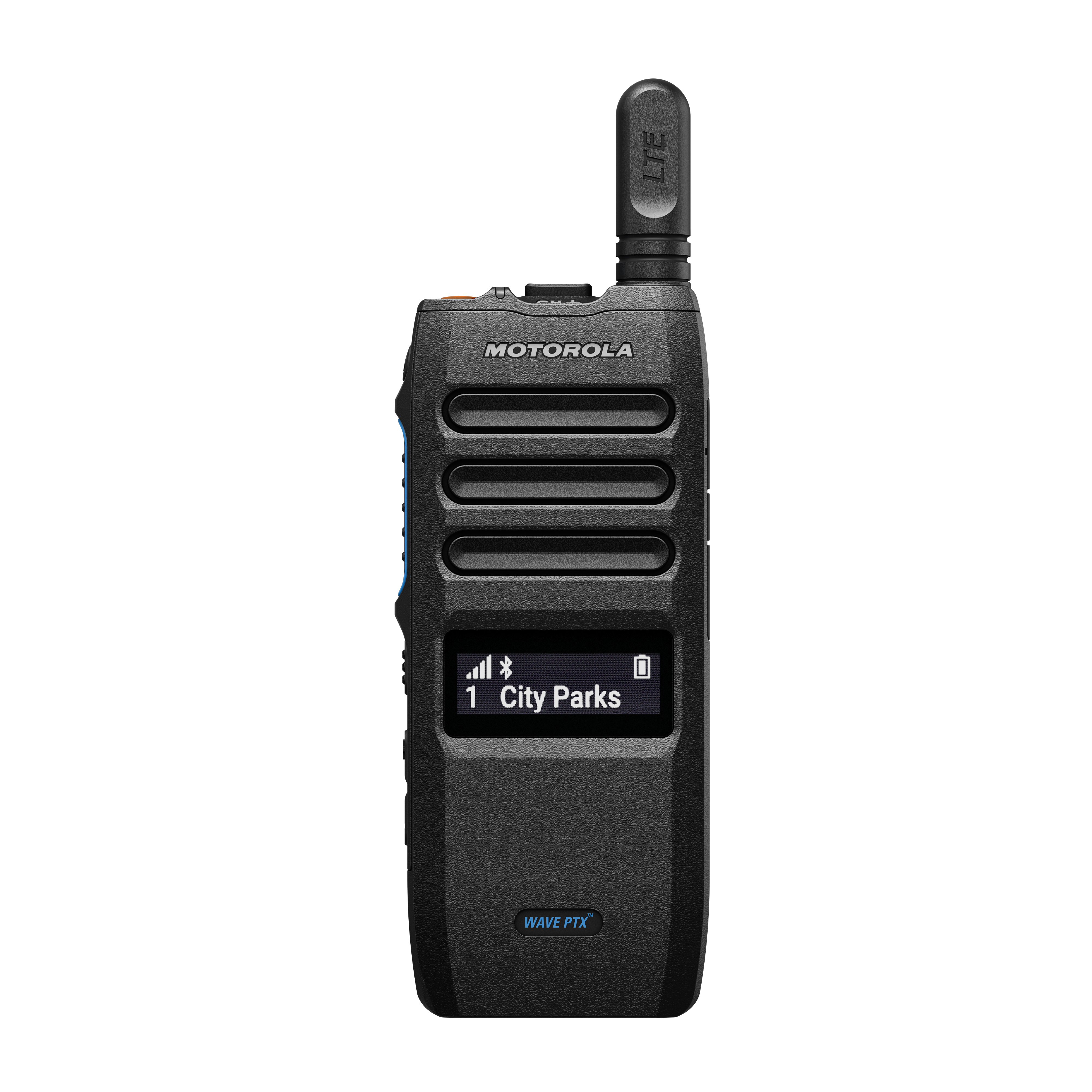 Radiotoestel met scherm toont 'City Parks', antenne boven.