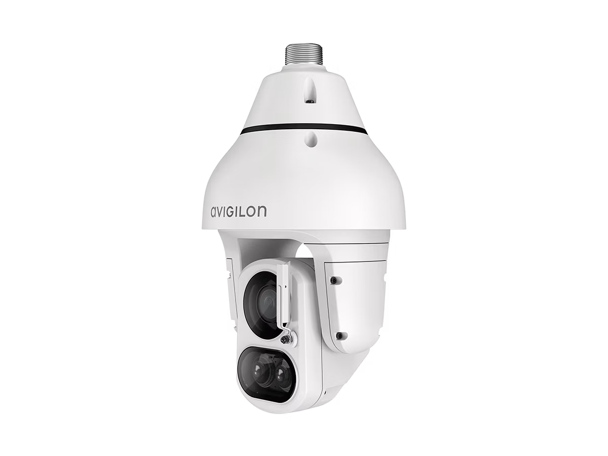 White surveillance camera with multiple lenses.