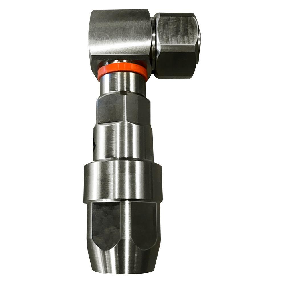 Raccord métallique à 90 degrés avec joint rouge.