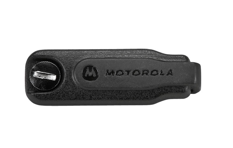 Zwarte Motorola-riemclip met schroef links.