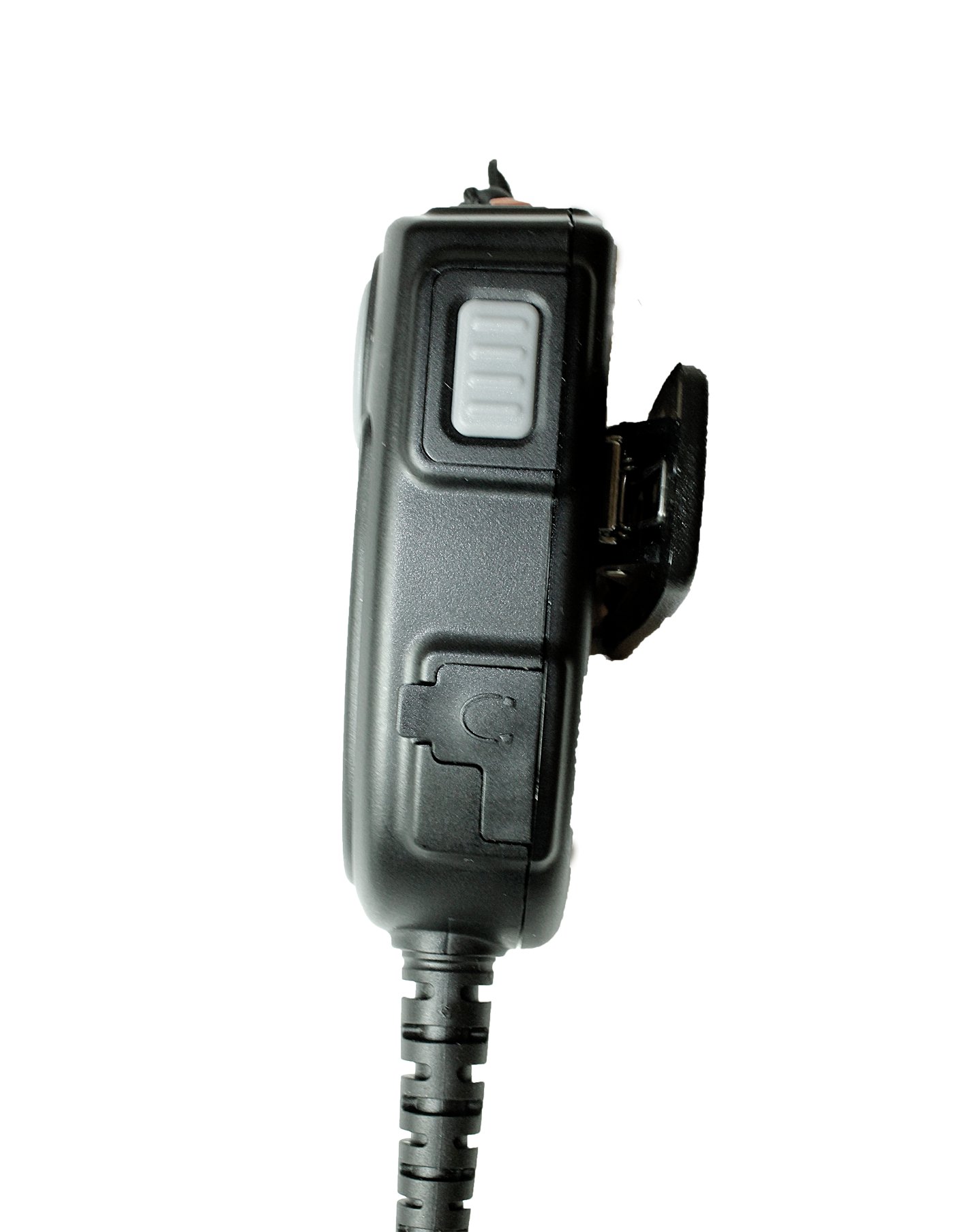 Side view of a black radio device with cable and button.