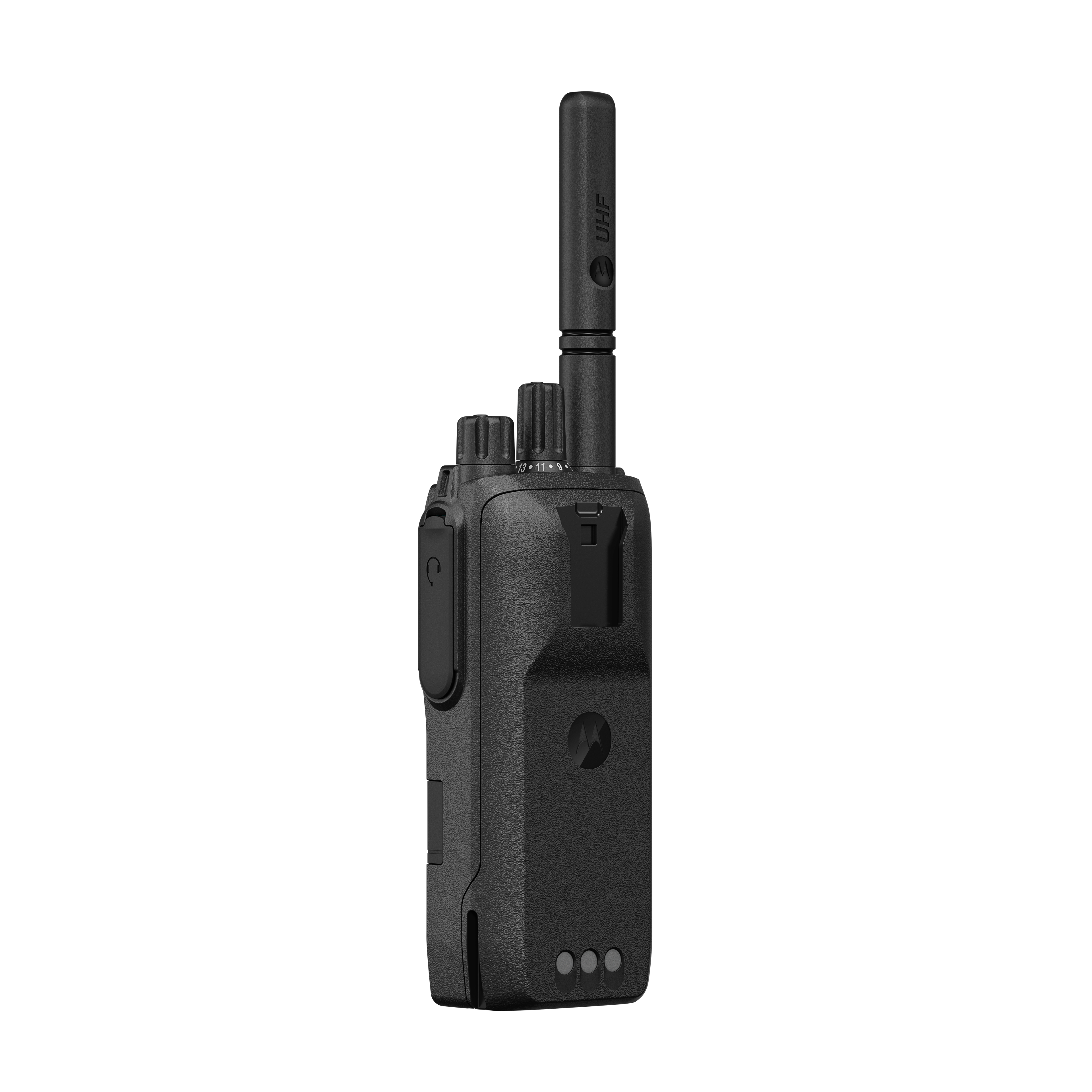 Zwarte draagbare radio met antenne en bediening bovenop.