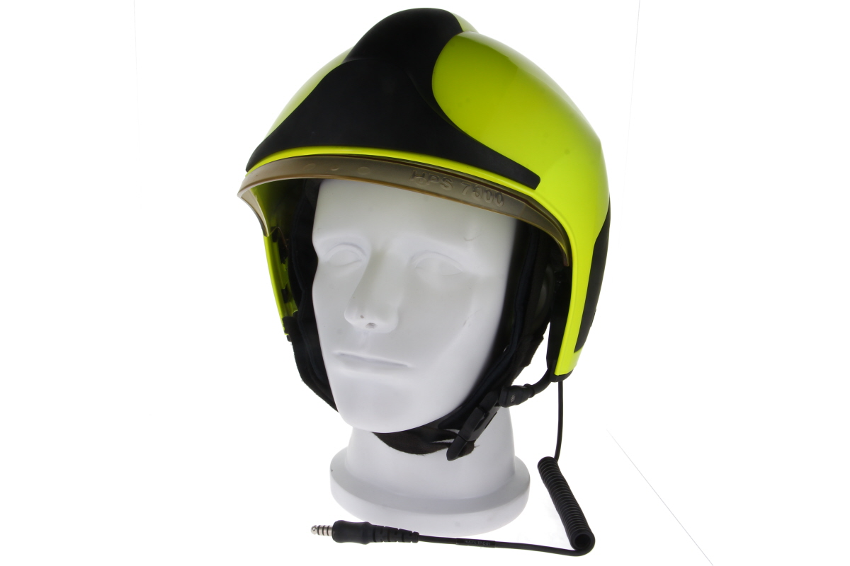 Yellow safety helmet with black visor and cable.