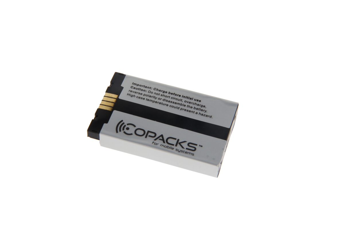 COP LiIon-batterij 1.100mAh, 3,96Wh, geleverd zonder batterijdeksel, voor Motorola MTH500, MTH650, MTH800 Zilveren batterij met waarschuwingen en drie gouden contacten.