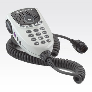 Radio microphone with buttons and coiled cable.