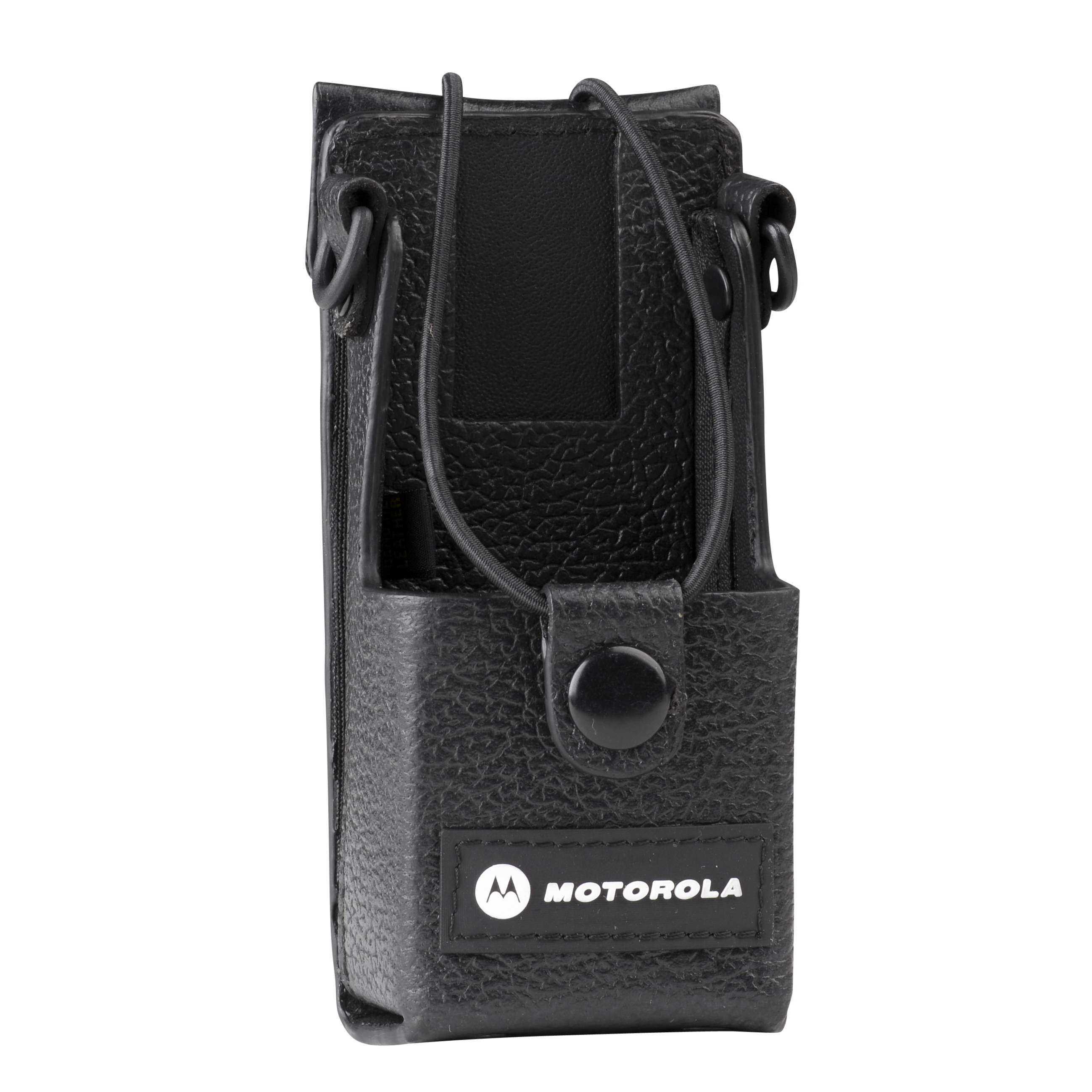 Black leather case with snap button and Motorola logo on front.