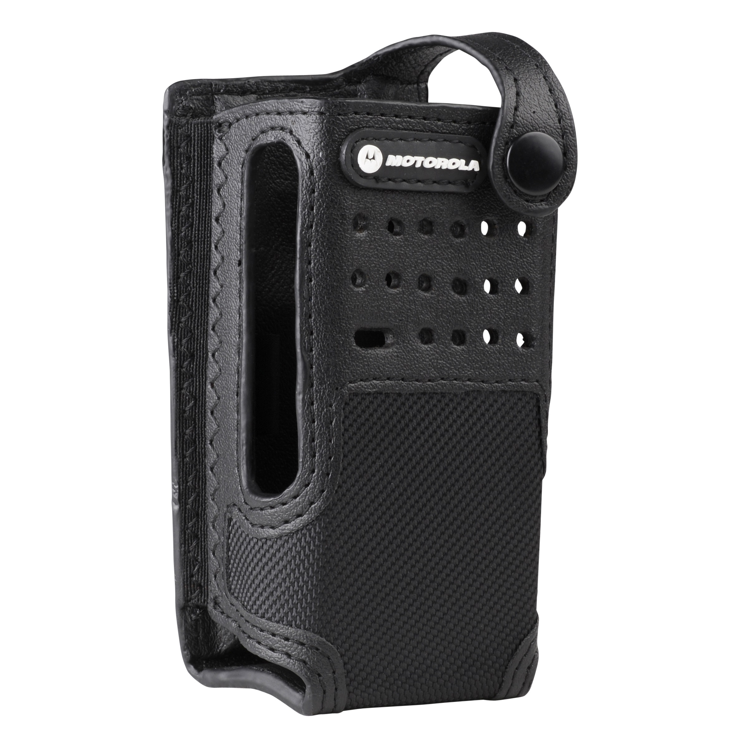 Black leather case with perforated design and Velcro closure, suitable for radio.