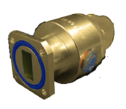 Adaptateur métallique rond avec bride rectangulaire et bord bleu.