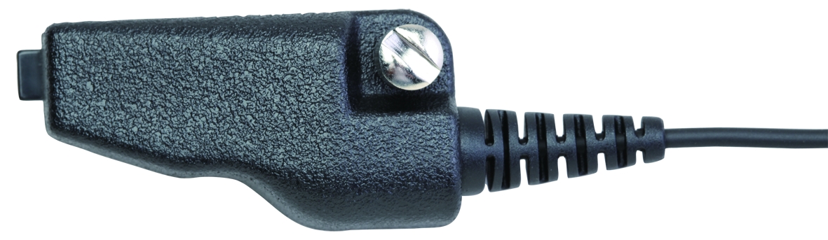 Zwarte elektrische connector met schroef en kabel.