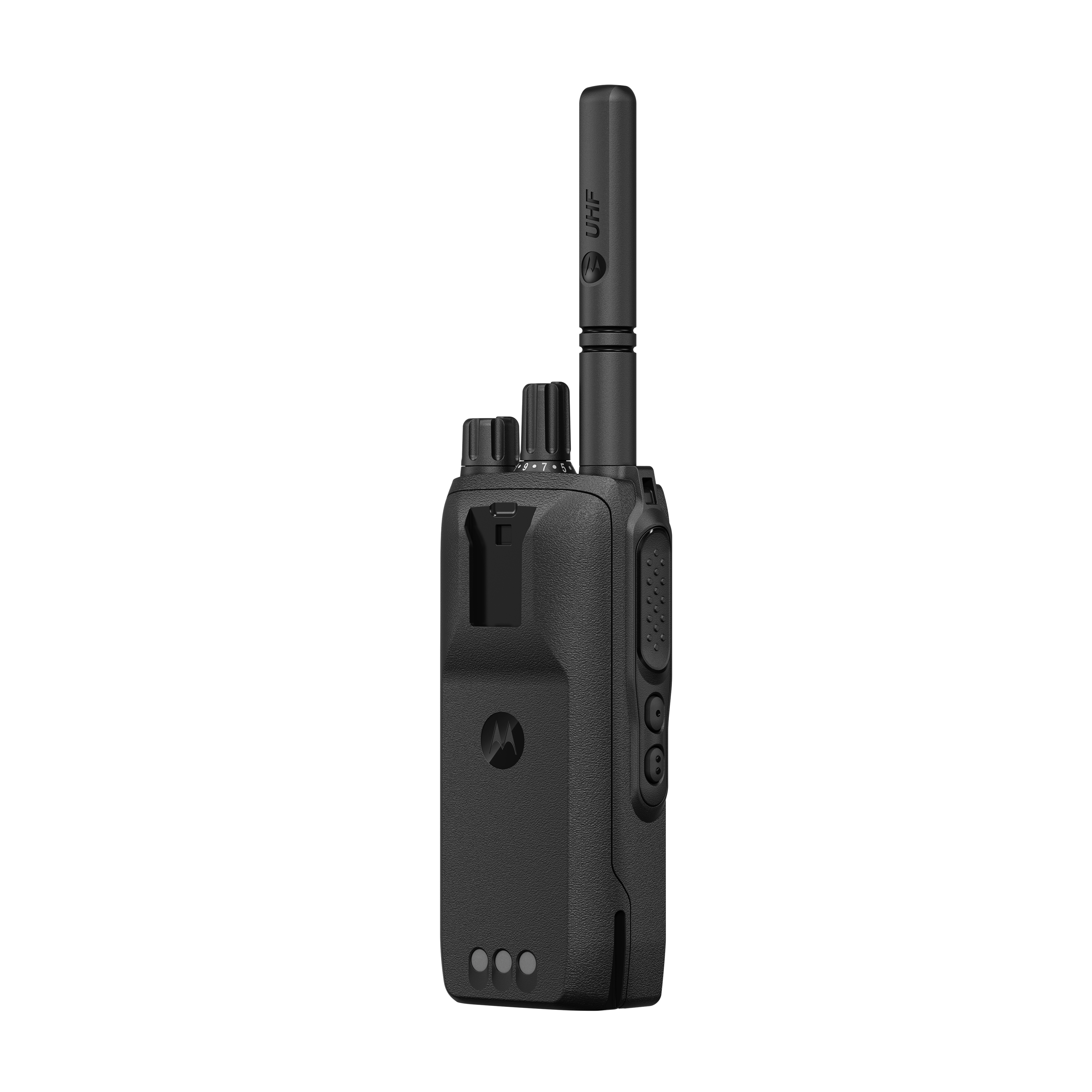 Black handheld radio with UHF antenna and controls.