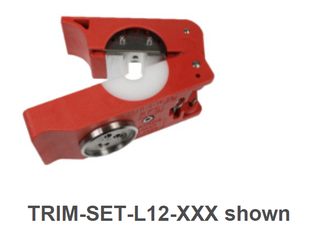 Red tool with round metal opening and blade detail.
