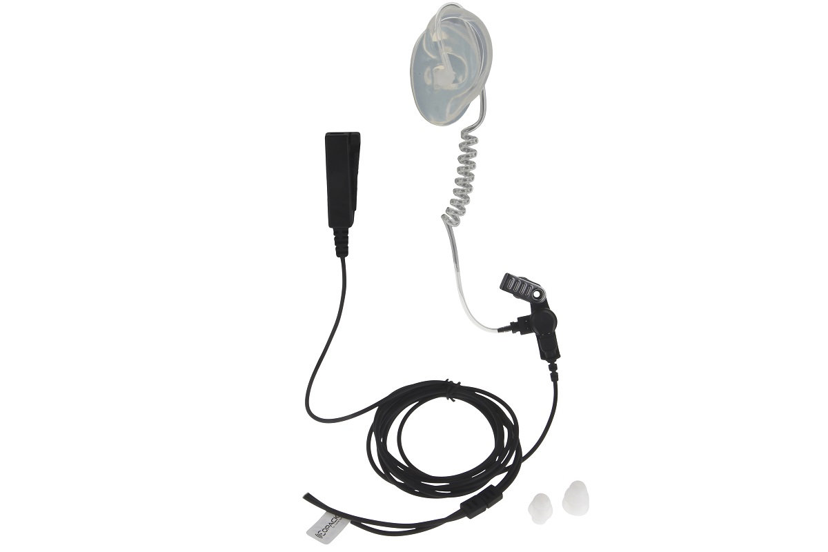 Zwart akoestisch buizoortje met microfoon, kabel en twee witte oordopjes.