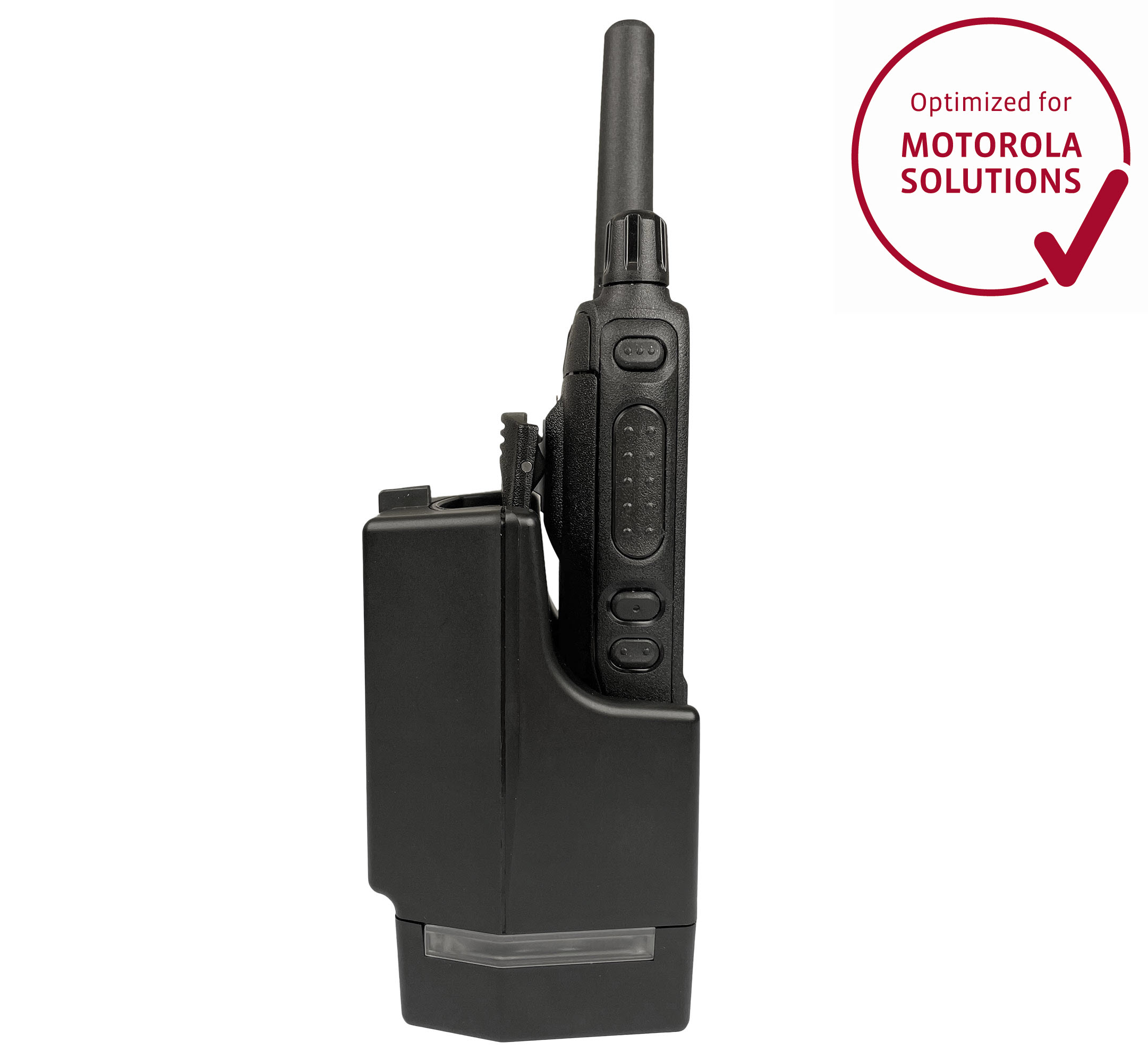 Vue latérale d'un dispositif radio noir dans une station de charge.