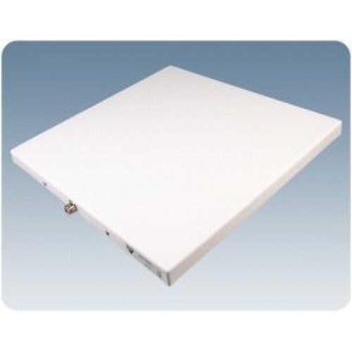 Vierkante witte antenne op blauwe achtergrond.