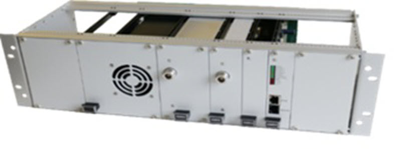 Metal enclosure with fan, switches, and ports for electronic devices.