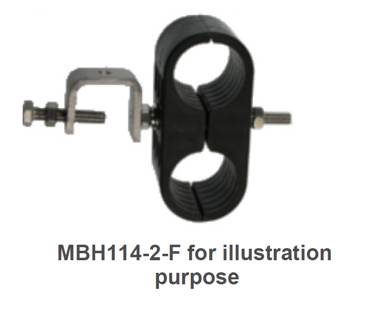 Black pipe clamp with metal bracket on right.