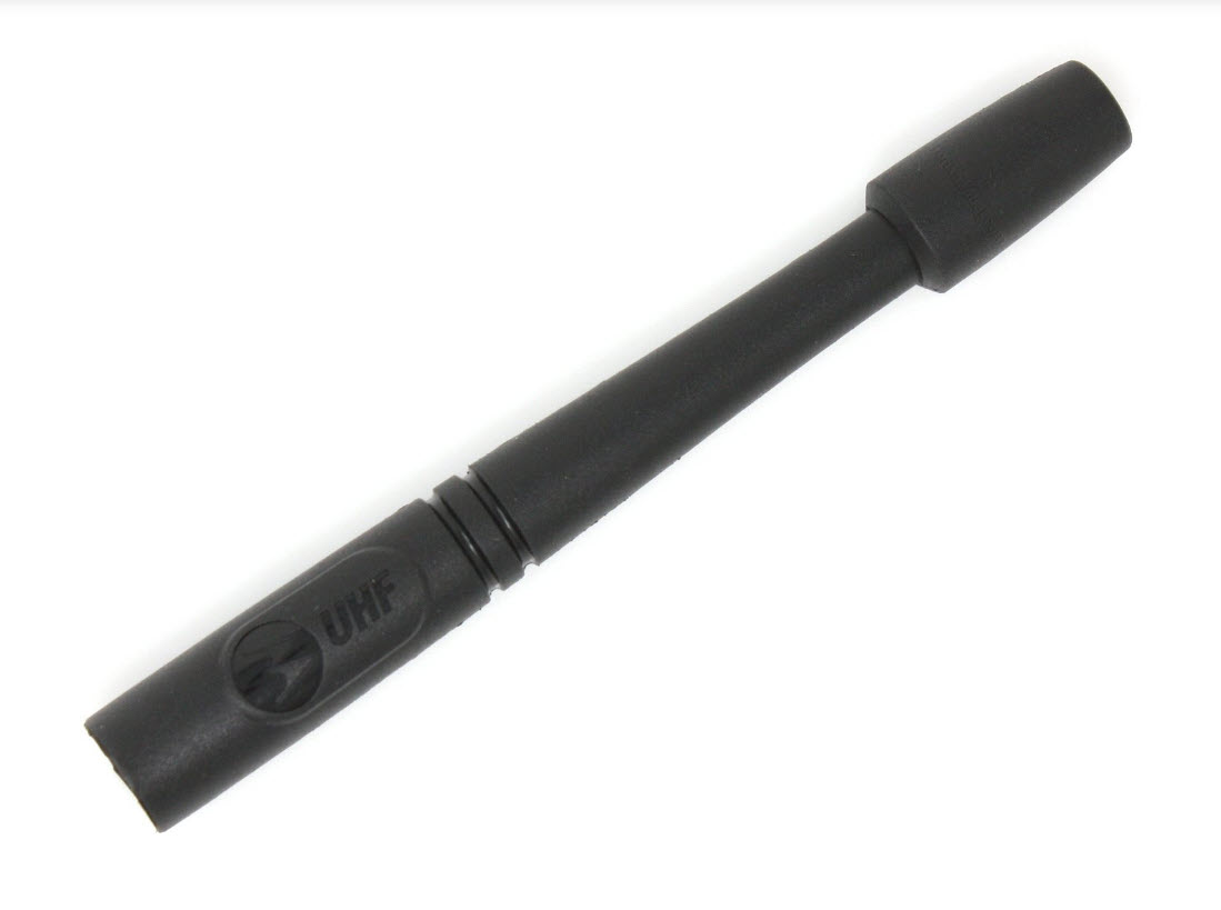 Black UHF antenna, cylindrical with wider base.