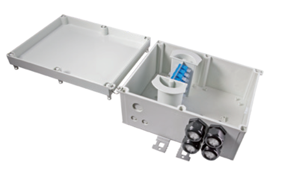 Open grey junction box with several connectors.