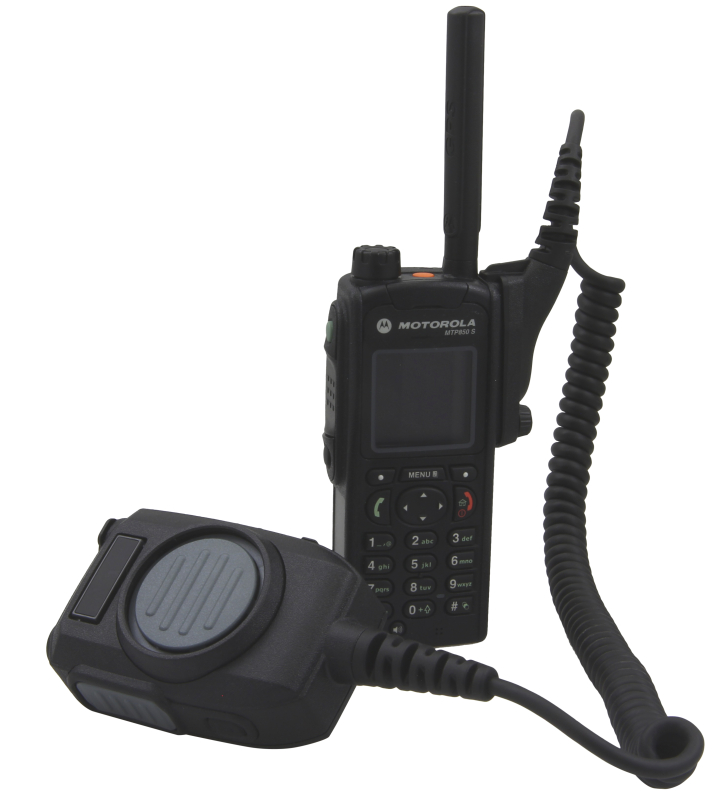 Radio with microphone and antenna, connected by a coiled cable.