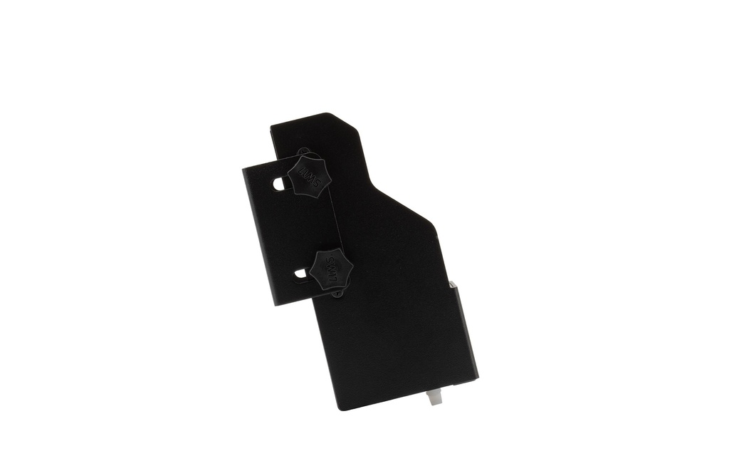 Black metal part with two wing screws.