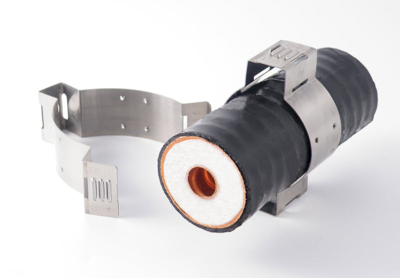 Insulated pipe with metal bracket and open end.