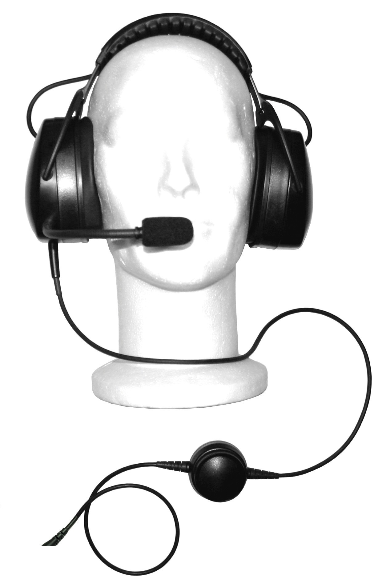Plastic hoofd met zwart headset en microfoon.