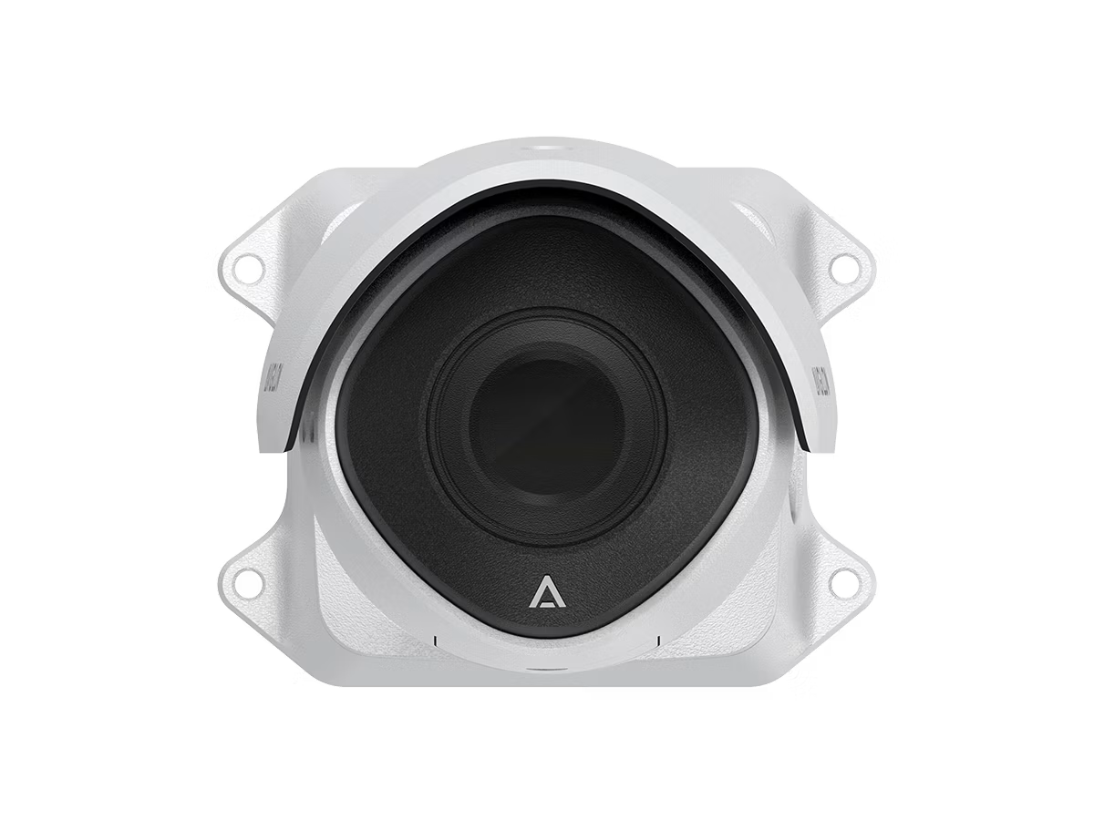 Small white camera with black lens and four mounting points.