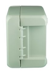 Closed, small mint green fridge from the side view.