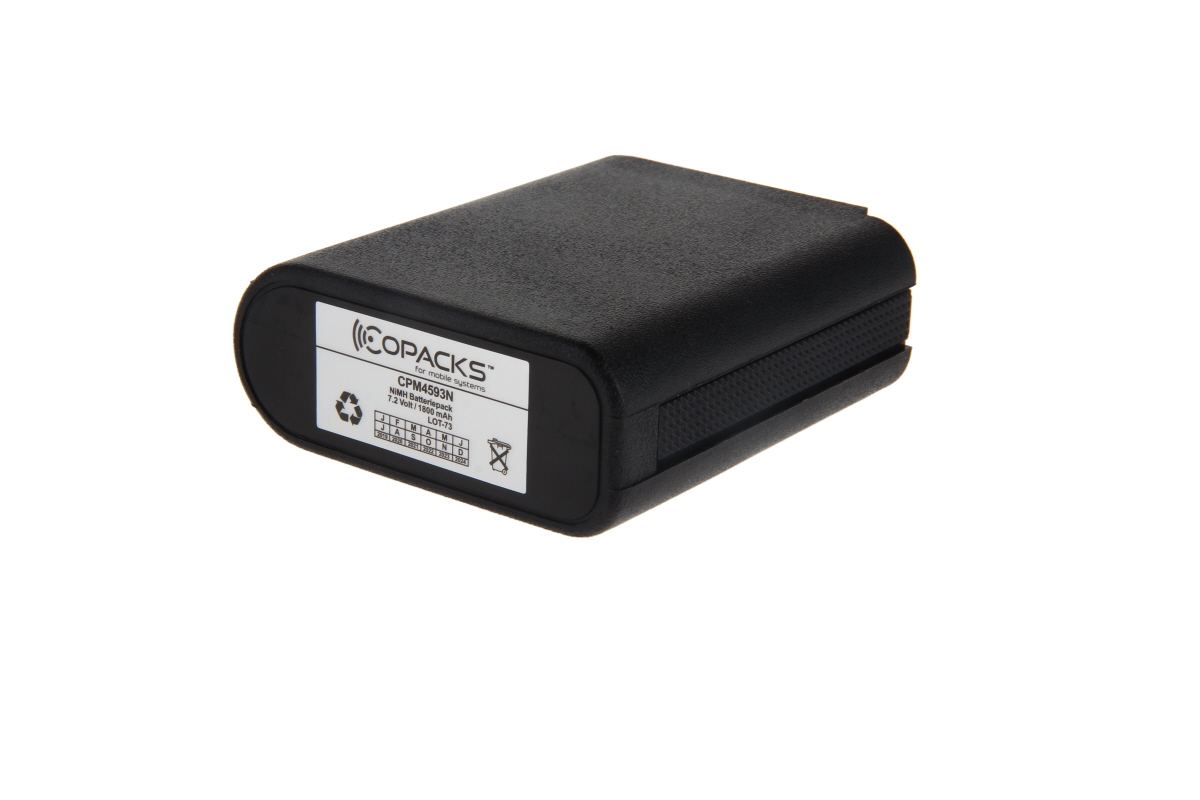 Zwarte oplaadbare batterij met label aan de voorkant.